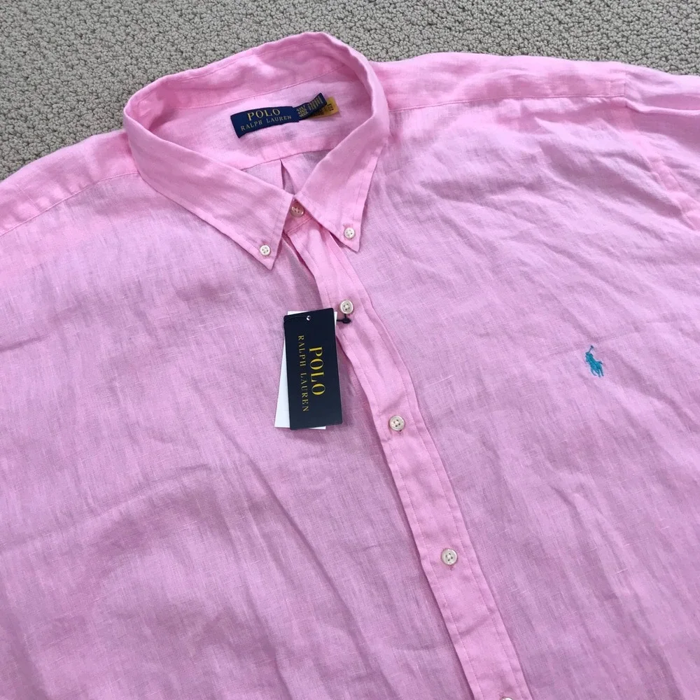 Polo Ralph Lauren Mens 4XLT Pink 100% Linen Short Sleeve Button Down Shirt NWT
